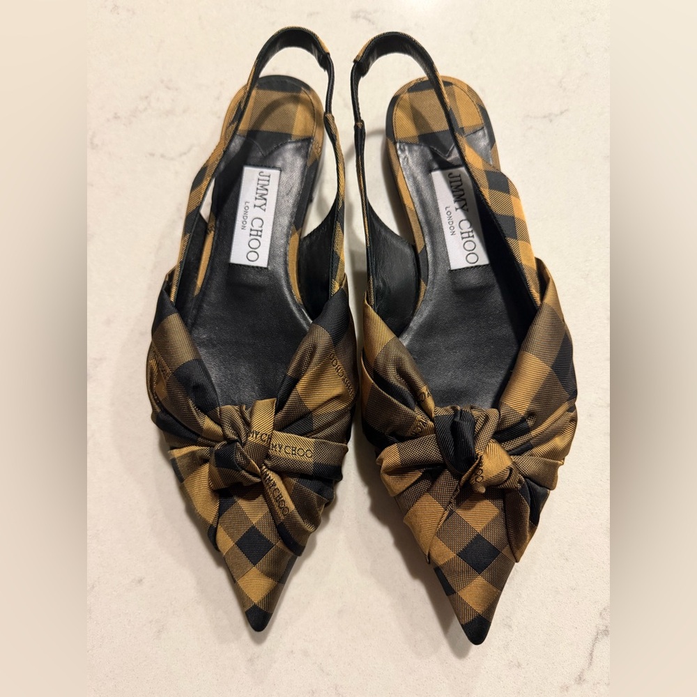 Jimmy Choo Satin Annabelle Plaid Caramel Mix Sling Back Flat 36.5